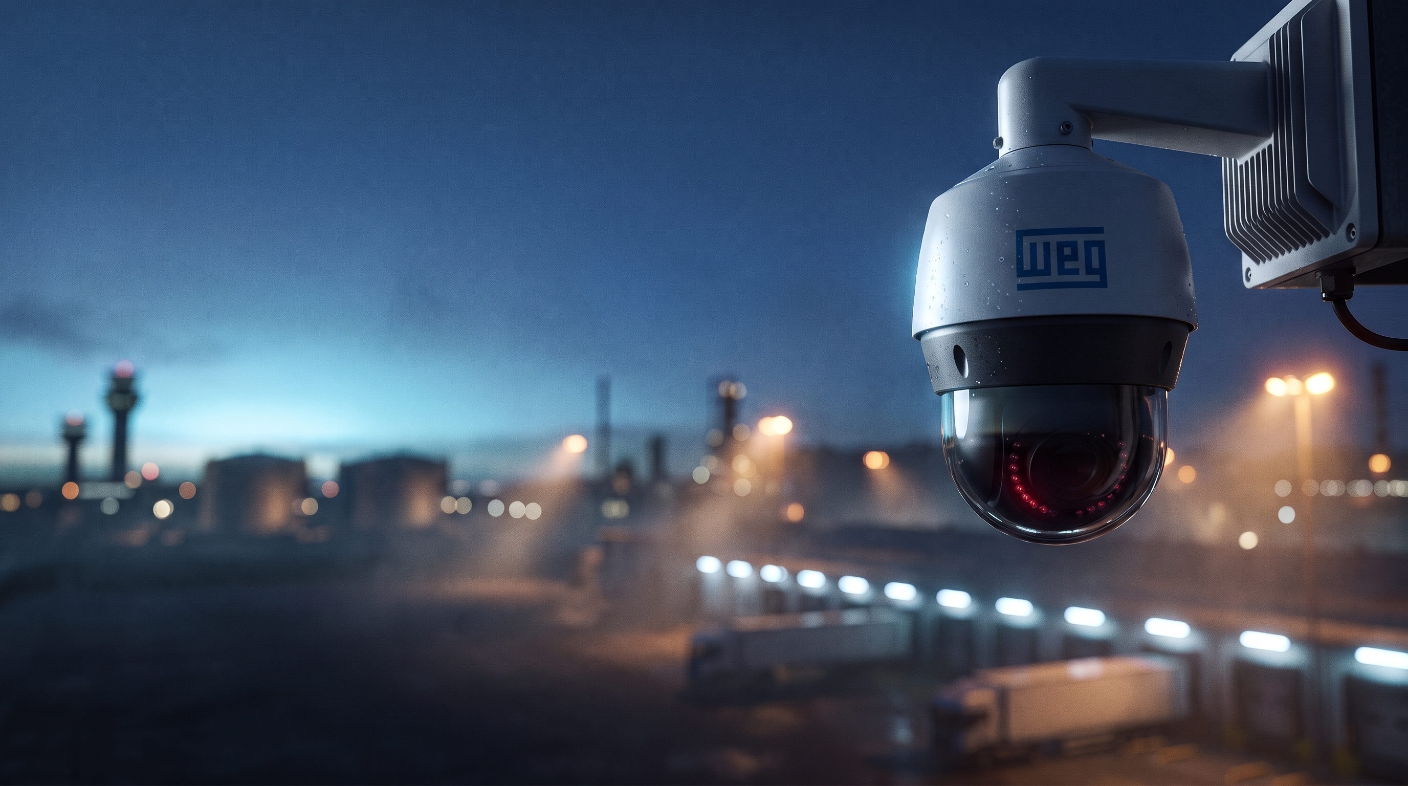 Câmera de segurança speed dome WEG monitorando uma área industrial ao entardecer